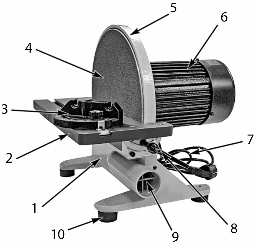 Основные элементы и узлы устройства шлифовального дискового станка BELMASH DG 305