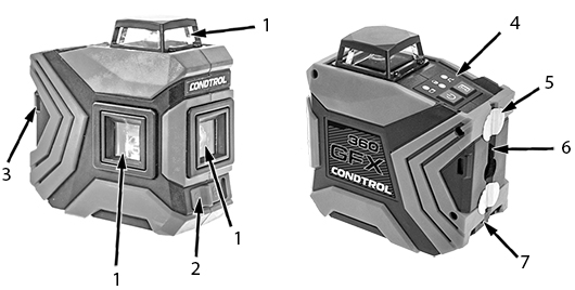 Основные элементы и узлы устройства лазерного нивелира CONDTROL GFX 360 KIT